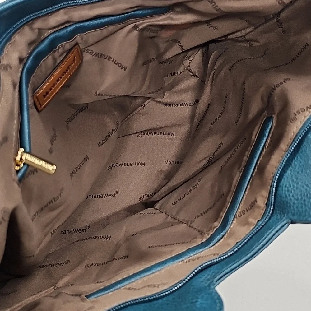 Montana West Teal & Brown Faux Leather Tote Bag, Spacious With Zipper Closure - Picture 7 of 10